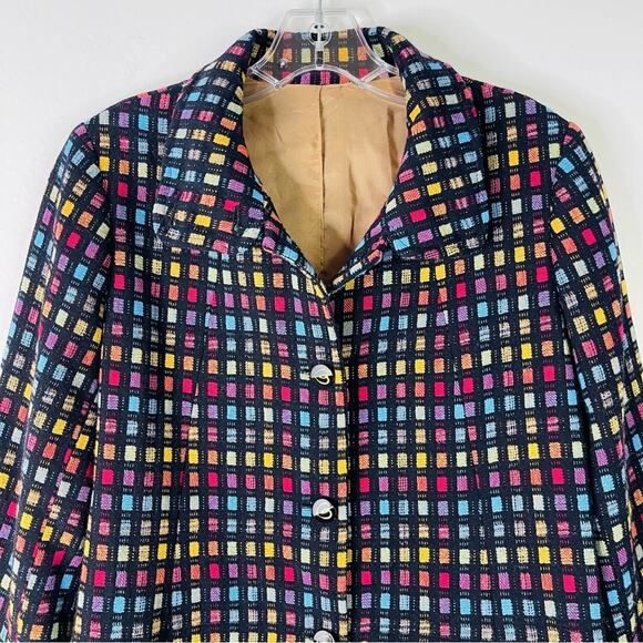 Vintage black blue rainbow check plaid longline button peacoat jacket large - Picture 2 of 6